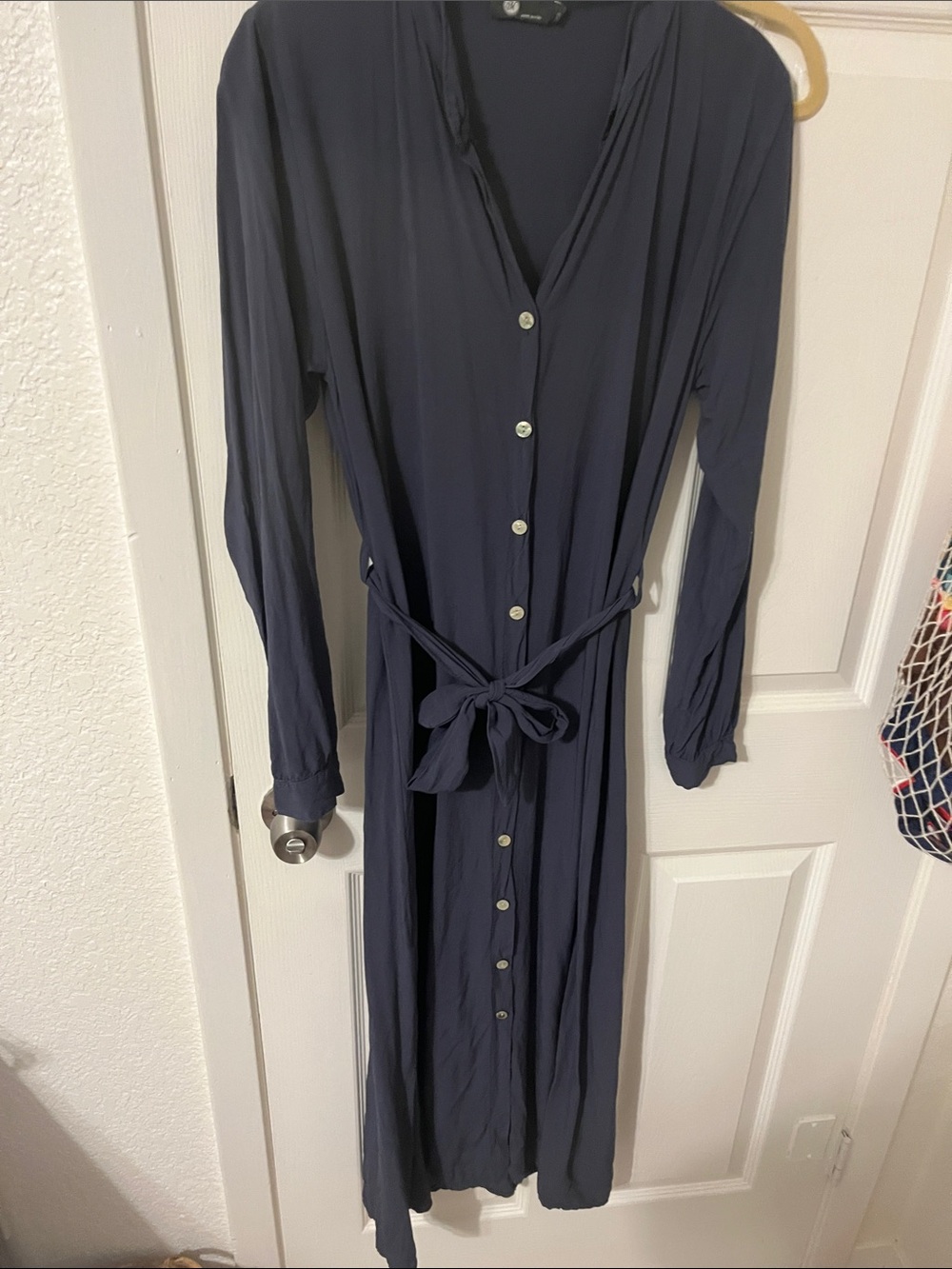 Button-Front Navy Maxi Dress with Self Tie Waist